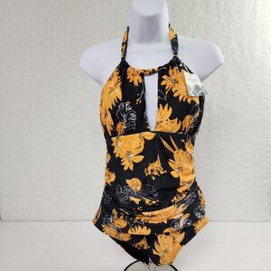 Swimsuit Full Body Women's Yellow Floral Black Medium Halter